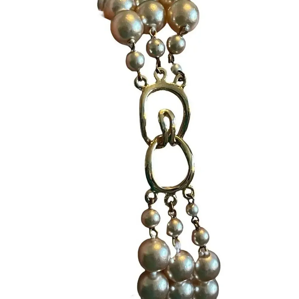 Vintage 3 Strand Faux Pearl Gold Tone Necklace Knotted 16